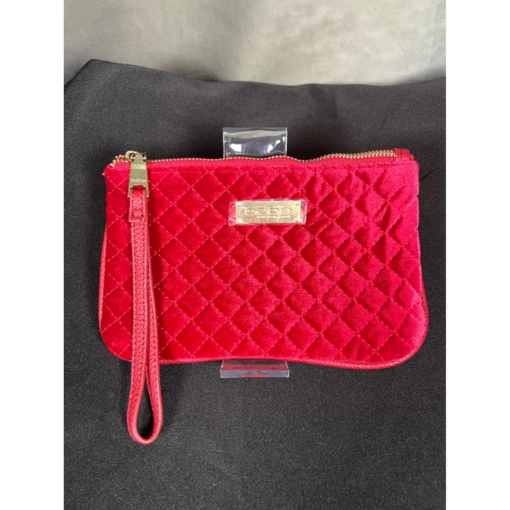 Bebe Red Quilted Velvet Wristlet Pouch Gold Hardware New With Tags